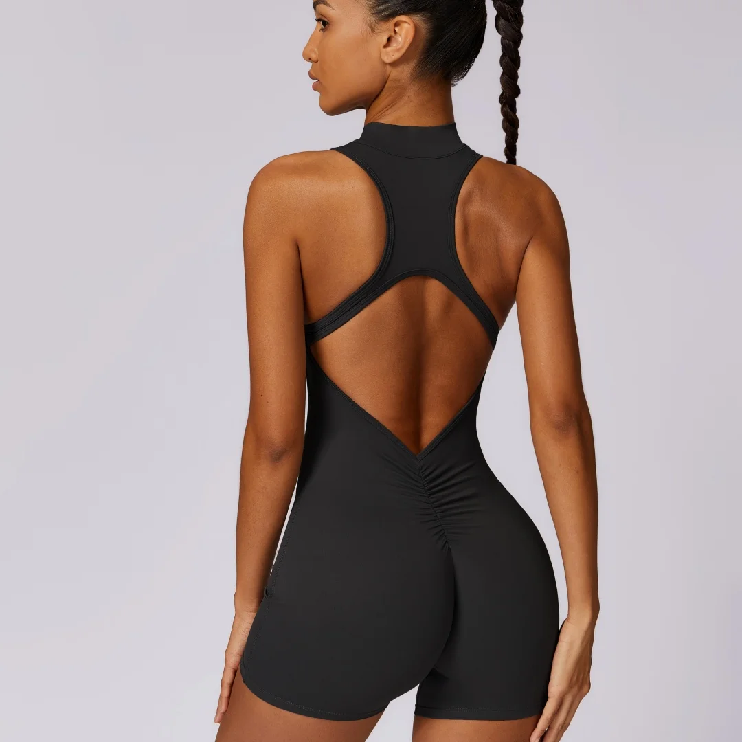 Solid color Backless Back Waist Scrunch Yoga Jumpsuit Short Set Women Zipper Sportswear Fitness One Piece Sports Suit Workout - Image 6