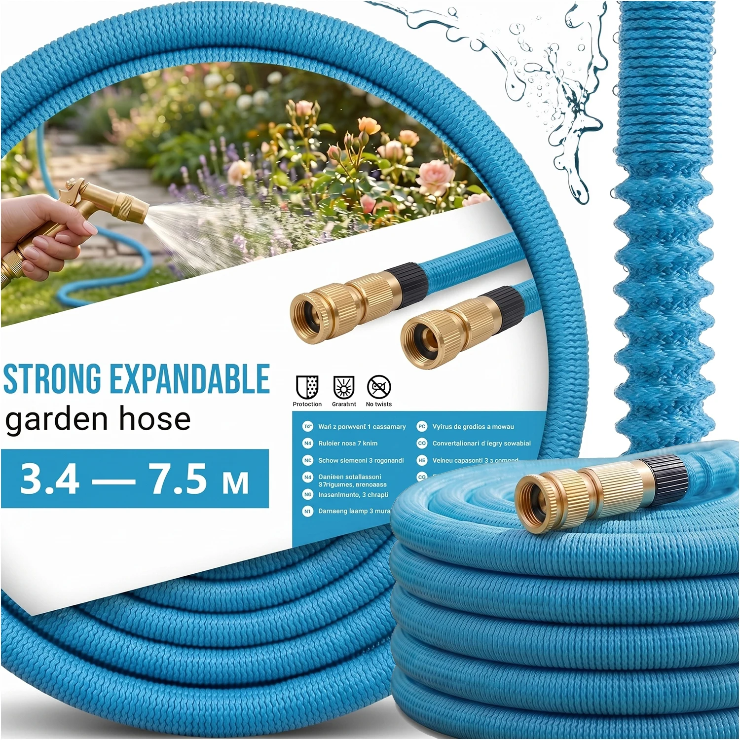 Tubo da giardino espandibile, blu, 7,5 m, elastico e flessibile, con ugello, per uso domestico e giardino, moderno, pratico, affidabile, compatto, dal design elegante, semplice, versatile, soluzione