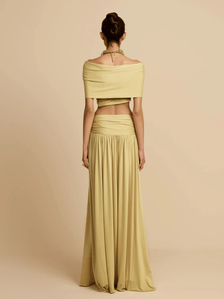 

Women Fashion Hight Waist Draped Solid Outfit Elegant Half Skirt 2Pc Suit Sexy Off Shoulder Sleeveless Crop Top & Long Skirt Set