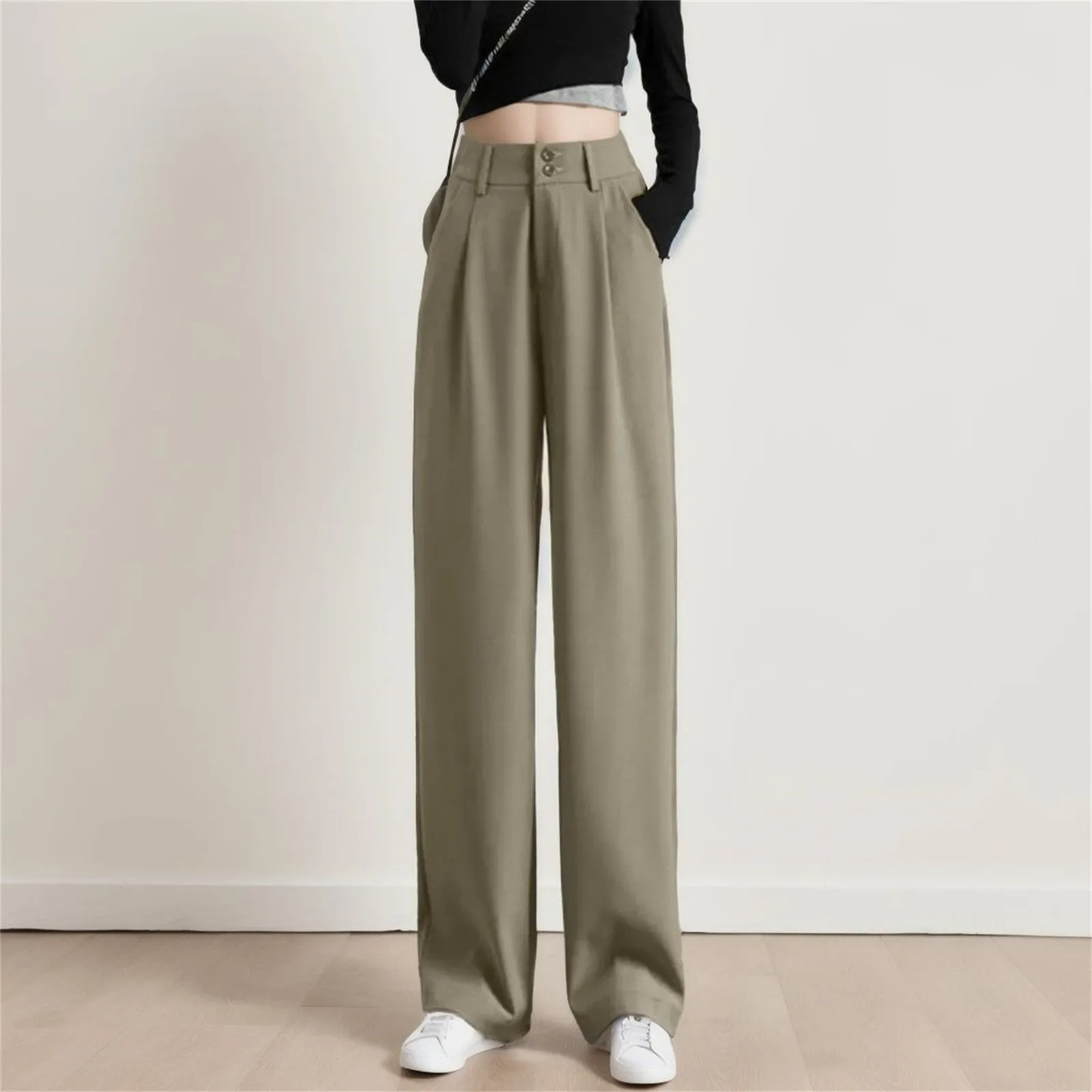 

Women’S Wide Leg Pants Women Korean Style High Waist Black Trouser Office Ladies Fashion Loose Grey Suit Trousers Streetwear