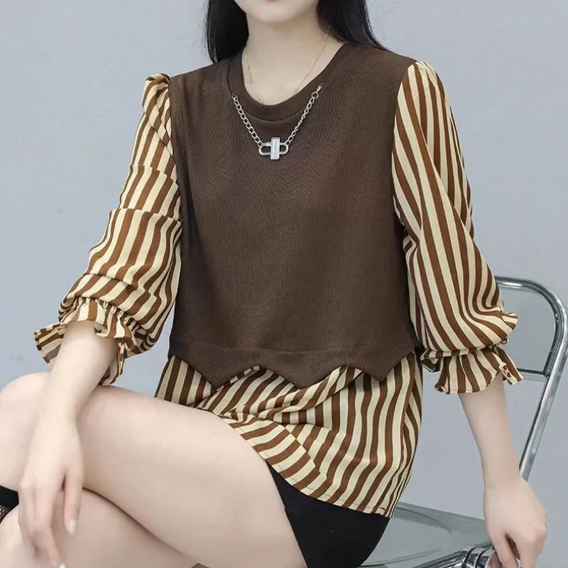 Fashion Woman Blouses 2023 Spring Autumn Crew Neck Long Sleeve Princess Sleeve Commuter Casual Preppy Style Striped Pullovers