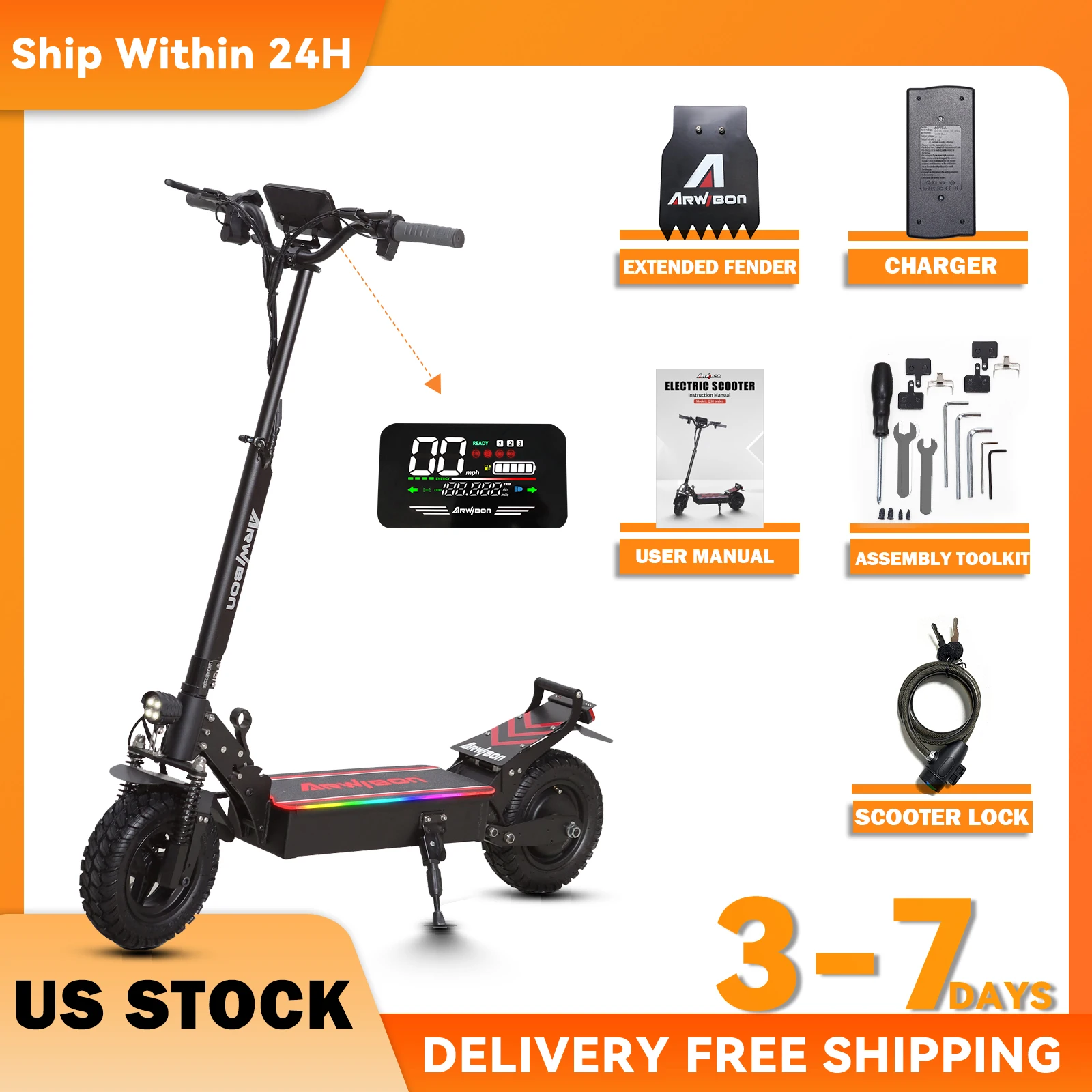 Arwibon Q30 Adult Electric Scooter 2500W Motor Top Speed 30MPH, 48V16AH, 11 Inch Off-Road Tires Sport Commuter Folding EScooter