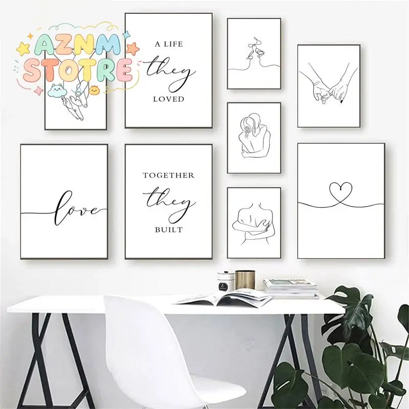 Black White Couple Line Wall Art Canvas Painting Line Drawing Hand Love Kiss Posters and Prints Nordic Picture Living Room De