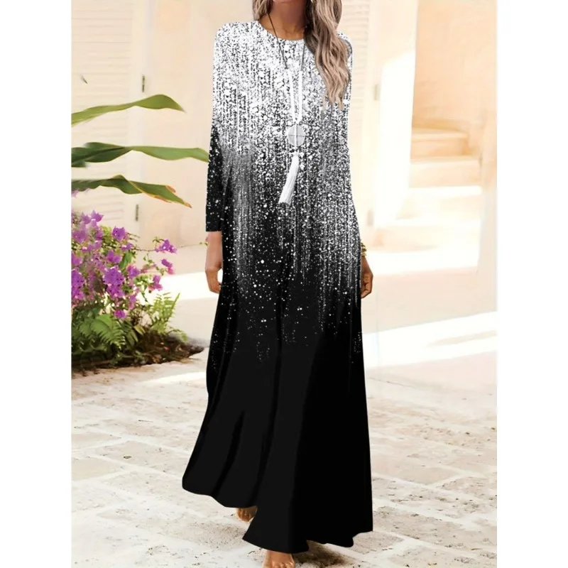 Frühling und Sommer Neuer Stil Modisches und elegantes langärmeliges bedrucktes Kleid Damen Lässiges Rundhalskleid