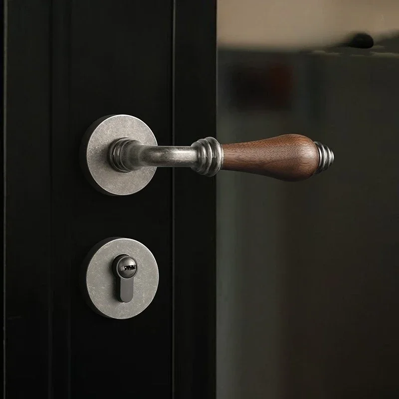 New Silent Magnetic Bedroom Door Lock, Indoor Black Walnut Door Lock Handle, Chinese Retro 72 Lock Body Fits 35-45mm