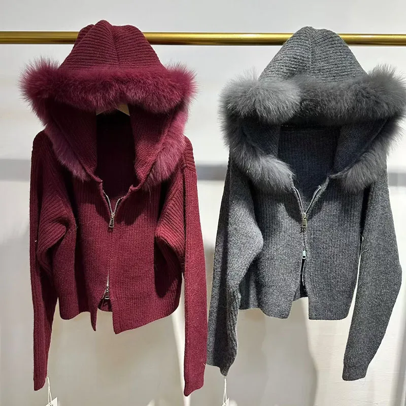 

2025 New Autumn Winter Casual Hooded Real Fox Fur Collar Fashion Short Knitted Jacket with Natural Fur Coat for Women