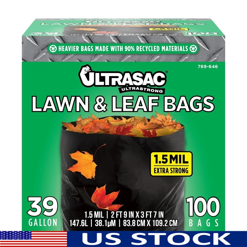 

39 Gallon Lawn Leaf Cleanup Bags 1.5 Mil Heavy Duty Black Trash Bags 100 Count with Twist Ties Yard Waste