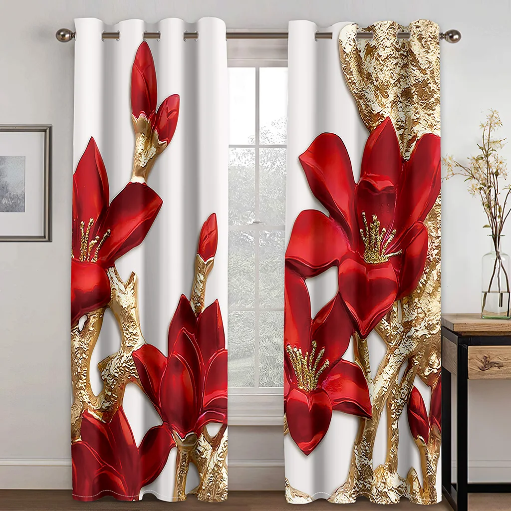 

Luxury Red Rose Flower Swan Diamond Gold GirlWindow Curtains Drapes for Kids Bedroom Living Room Kitchen Door Home Decor 2Pieces