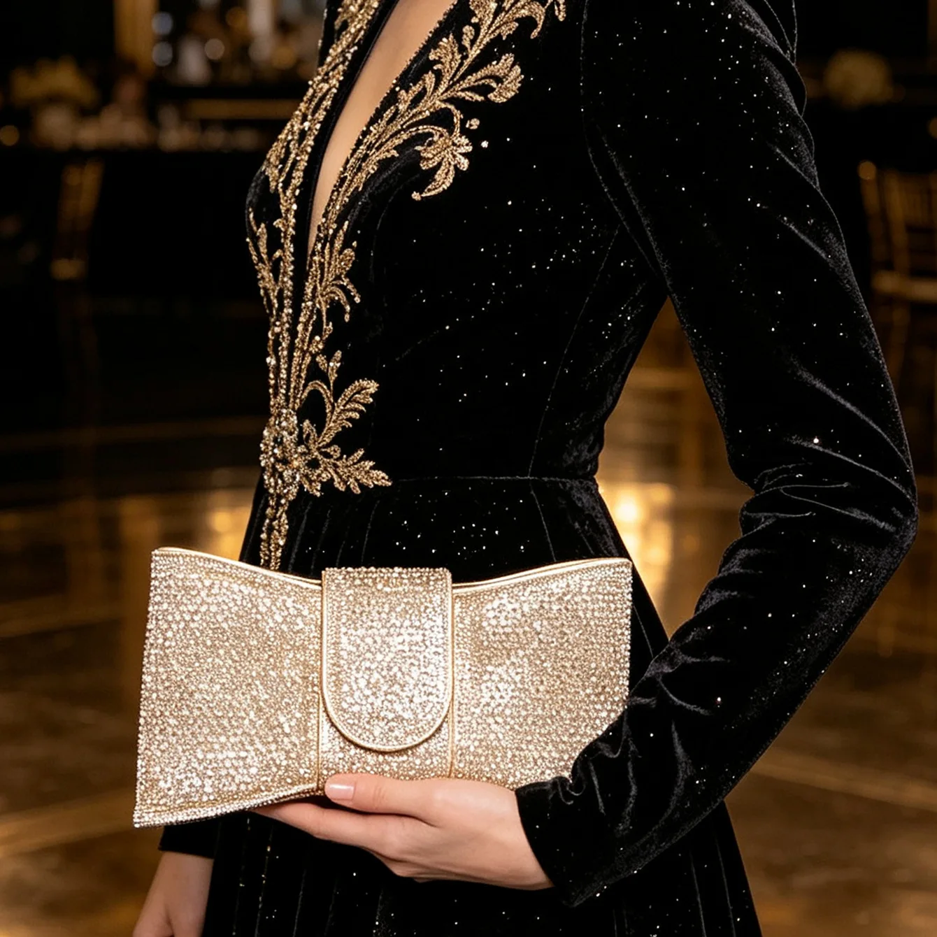 Light luxury full diamond bow dinner  party high-end bow rhinestone clutch  dress with messenger