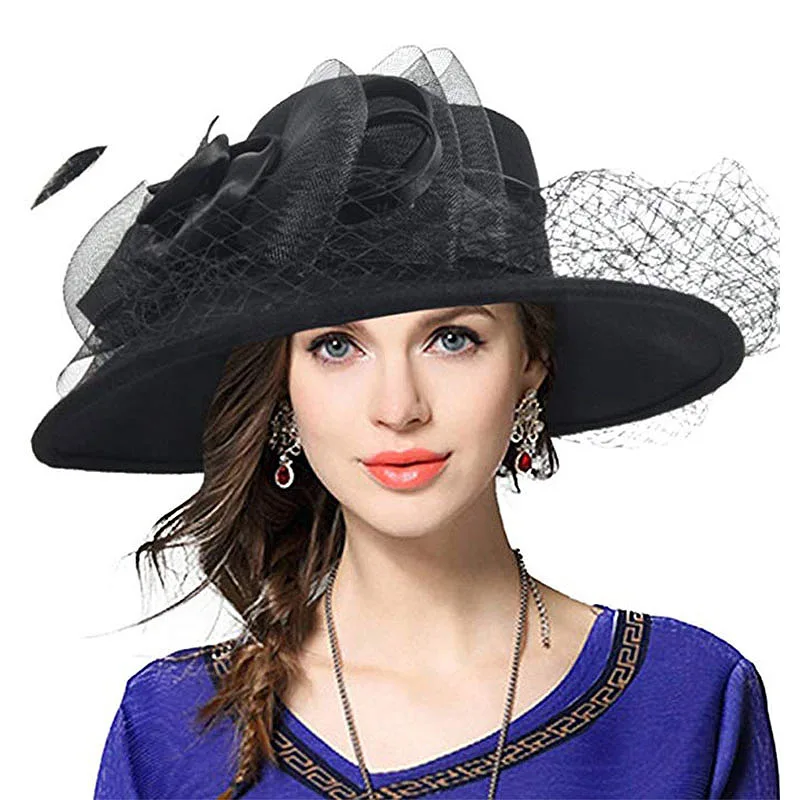 2023 Women Fascinators Wide Brim Wool Felt Hat Cocktail Party Wedding Fedora Hats Dress Church Hat Plumy Felt Floppy Winter Hat