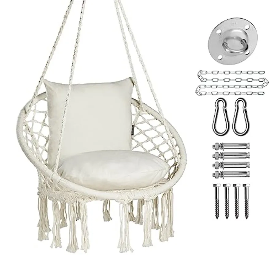 

Macrame Hammock Chair for indoor outdoor use, cotton rope beige, 330 lbs capacity, includes 2 cushions and hardware kit