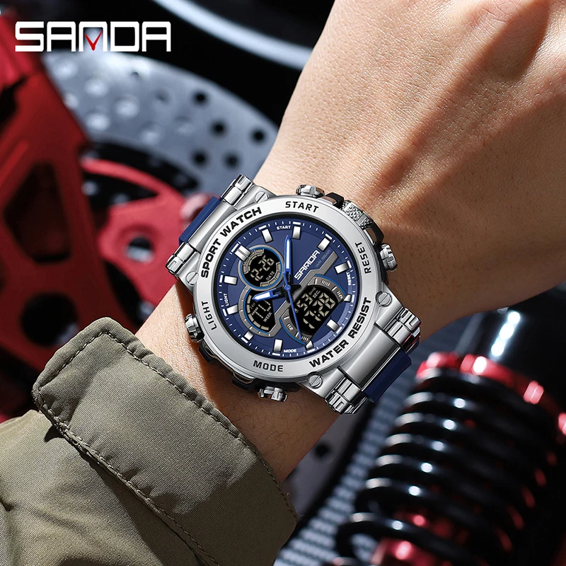 SANDA Brand Outdoor Military Sports Men\'s Watches Alarm Clock Analog Waterproof  Double-Display Quartz LED Digitals Wrist watch