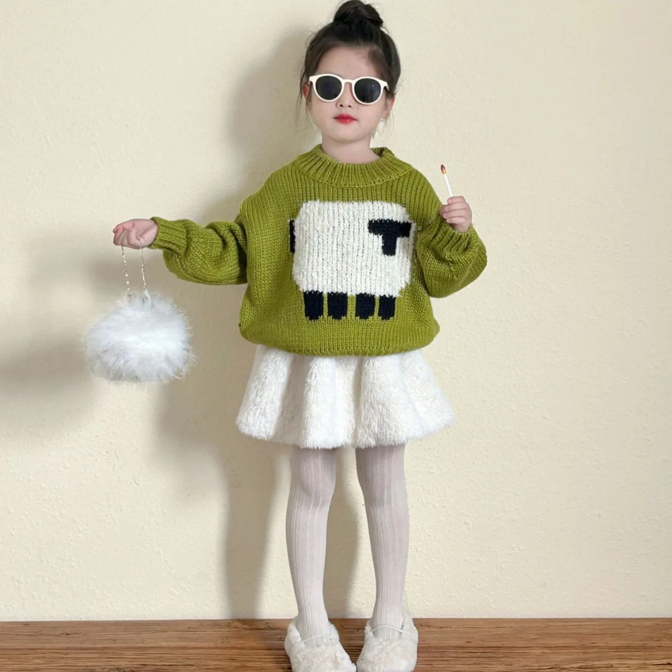 Girls Green Sweater 2024 Winter New Children Clothing Thick Sweater Cartoon Foreign Style Girl Baby Everything Pullover Sweater