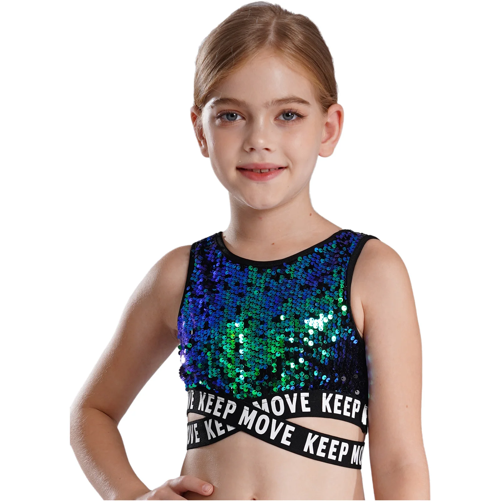 

Детские топы на бретелях с блестящими пайетками для девочек в стиле хип-хоп, джазовых танцев, укороченный топ с линией талии крест-накрест, школьный шоу, вечерние танцевальная одежда для черлидинга