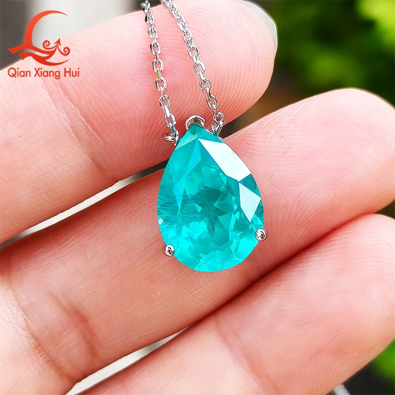 925 Silver Pear Shape 8CT 10x14mm Lab Grown Created Inclusions Green /Neon Blue Paraiba Color YAG Stone Pendant Necklace