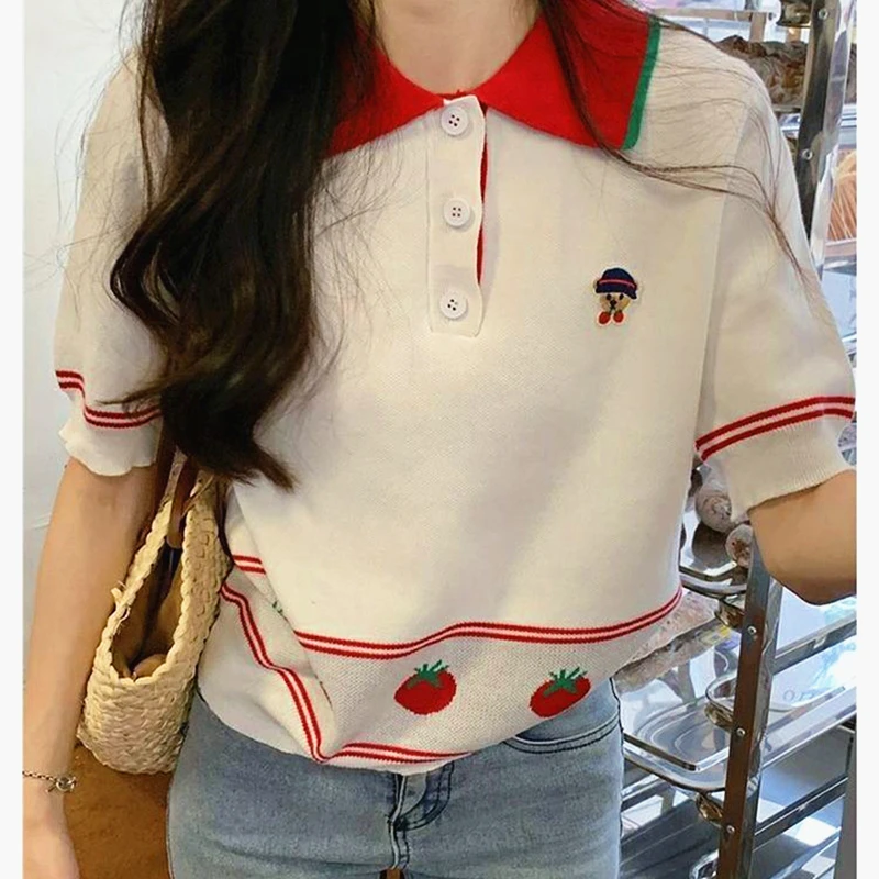 New Korean Brand Summer Knitted POLO Shirts Cute Strawberry Bear Jacquard Embroidery Blouse Short Sleeve Elastic T-shirts Women