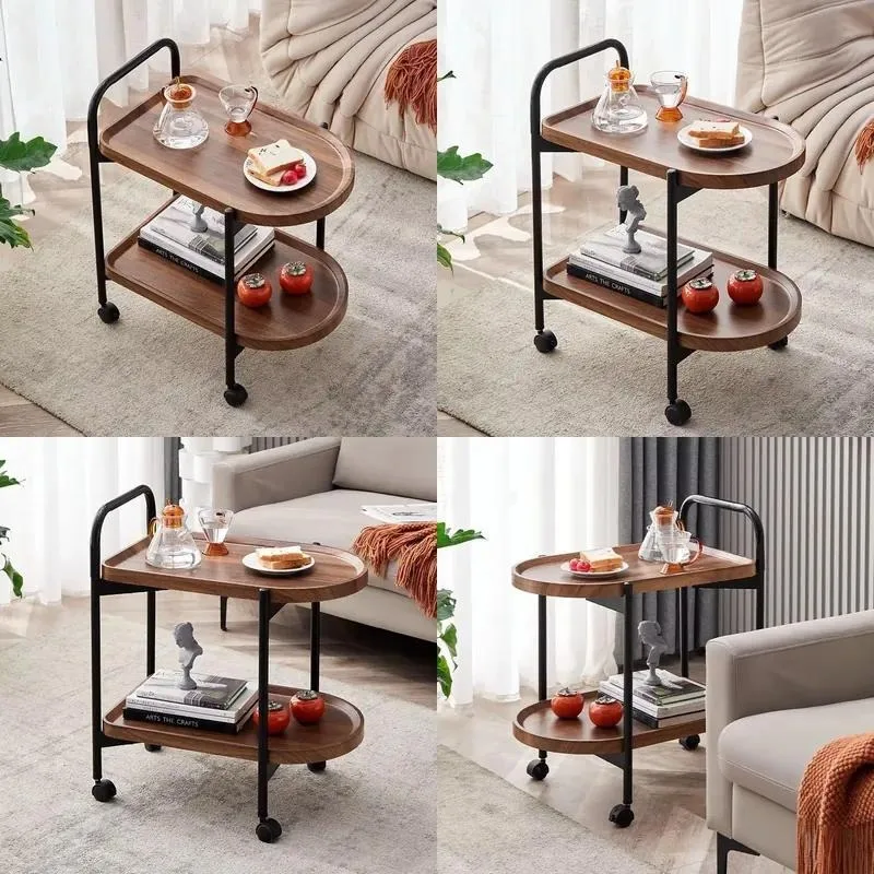 Nordic Modern Small Tea Table Wheeled Movable Walnut Solid Wood Side Frame for Household Living Room Sofa Cross Border