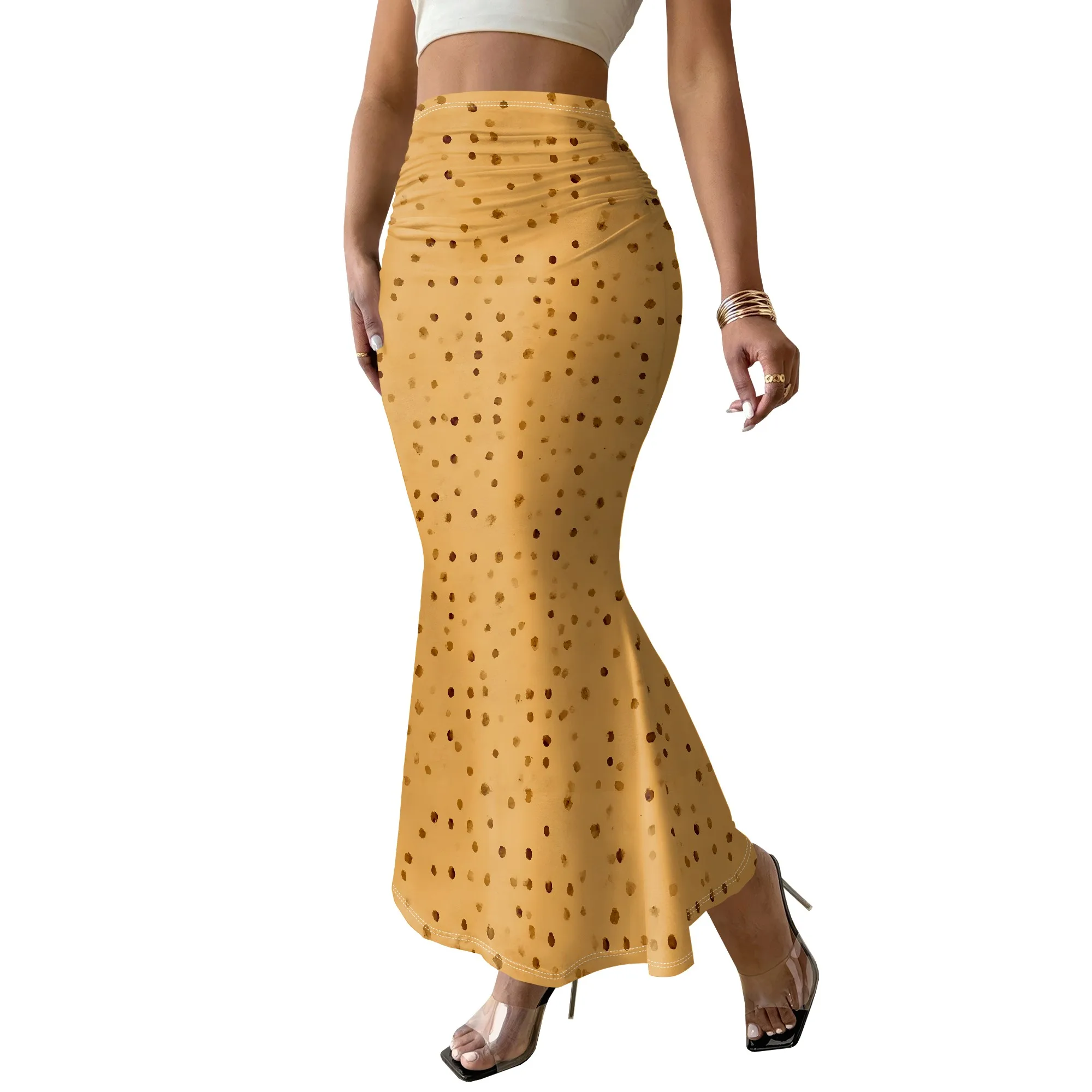 Polka Dot Print Mermaid Skirt, High Waist Ruched Maxi Skirt, Yellow Midi Skirt for Women, Summer Party Casual Wear, S-2XL