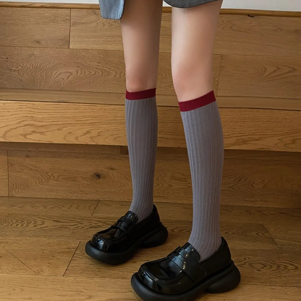

Trendy Ins Spring Japanese JK Style Grey Vertical Striped Calf Sock–Women's Puffed Knee-High Mix&Match Sock,Retro Campus Fashion