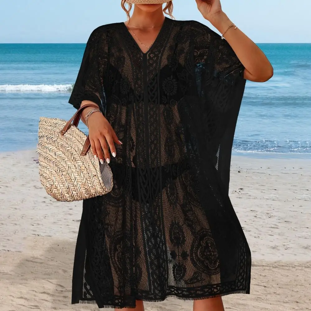 Fashion Transparent Swimsuit Cover Up Plus Size Sunscreen Bohemian Shawl Lightweight Quick Dry Lace Mesh Cover Up Casual Wear