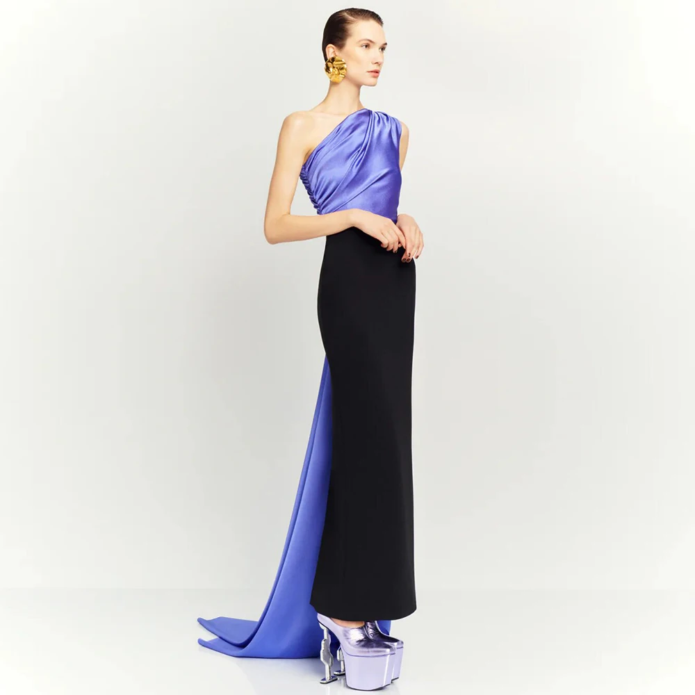 

Classic Women's Evening Dresses Satin&Jersey Sheath/Column Party Dress Black&Lavender Watteau Train Pleat Prom Gown Maxi