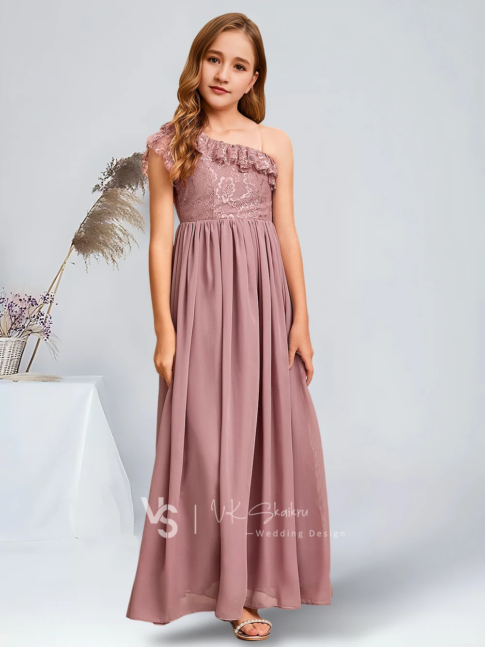 A Elegant A-Line One Shoulder Floor-Length Chiffon Lace Junior Bridesmaid Dresses Vintage Mauve Enchanting Flower Girl Dresses