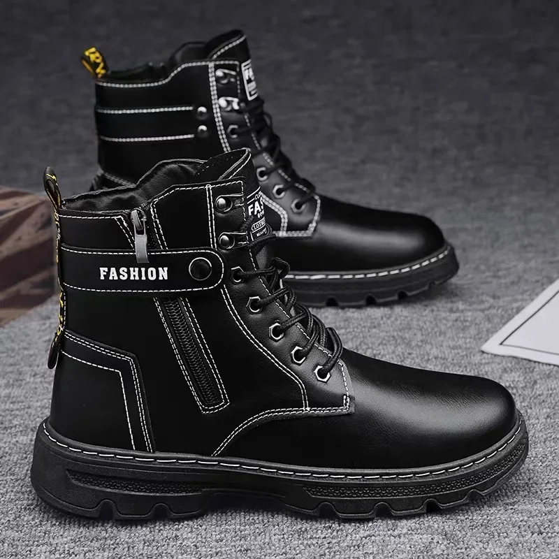 Luxury Men's Ankle Boots Waterproof Side Zipper Motorcycle Boots Anti-Slip Outdoor Climbing Shoes Men Leather Boots Botas Hombre