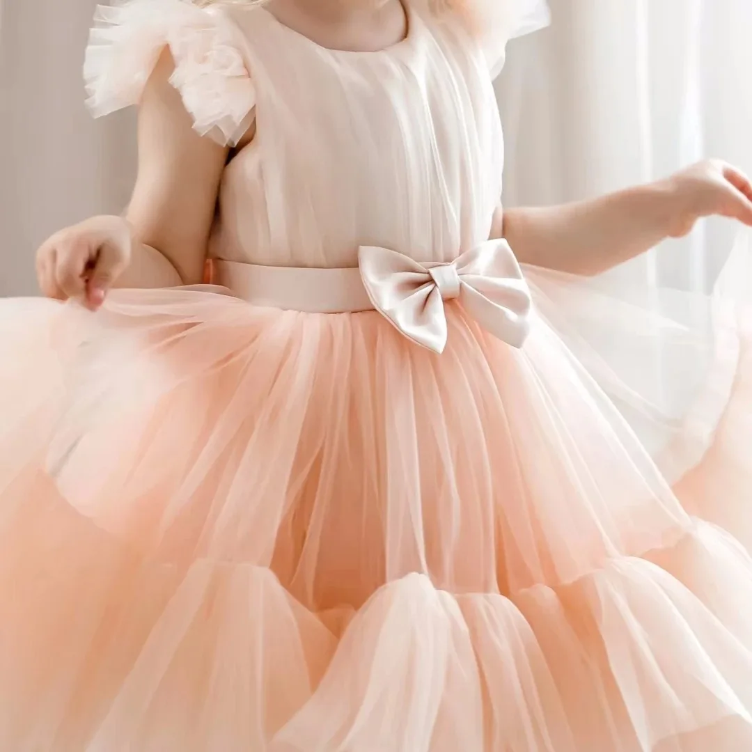 Vestidos de niña de flores personalizados para boda con lazos, tul hasta la rodilla, vestidos de fiesta de cumpleaños para bebés y niños de primera comunión