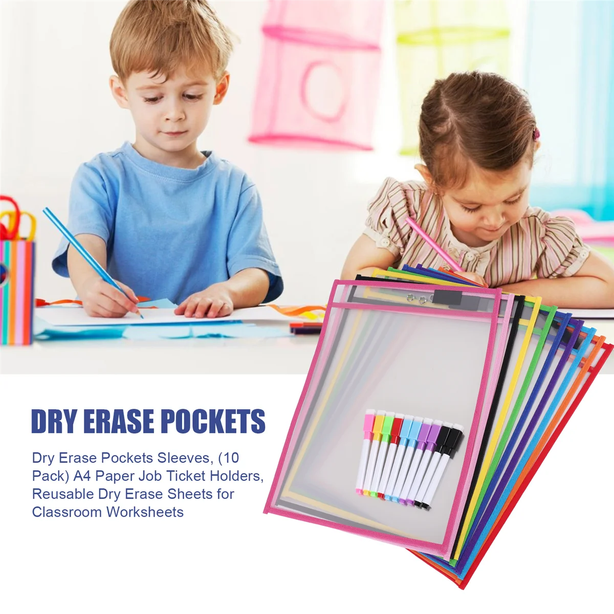أكمام جيوب للمسح الجاف، (10 عبوات) حاملات تذكرة ورقية مقاس A4، أوراق مسح جاف قابلة لإعادة الاستخدام لورق عمل الفصول الدراسية