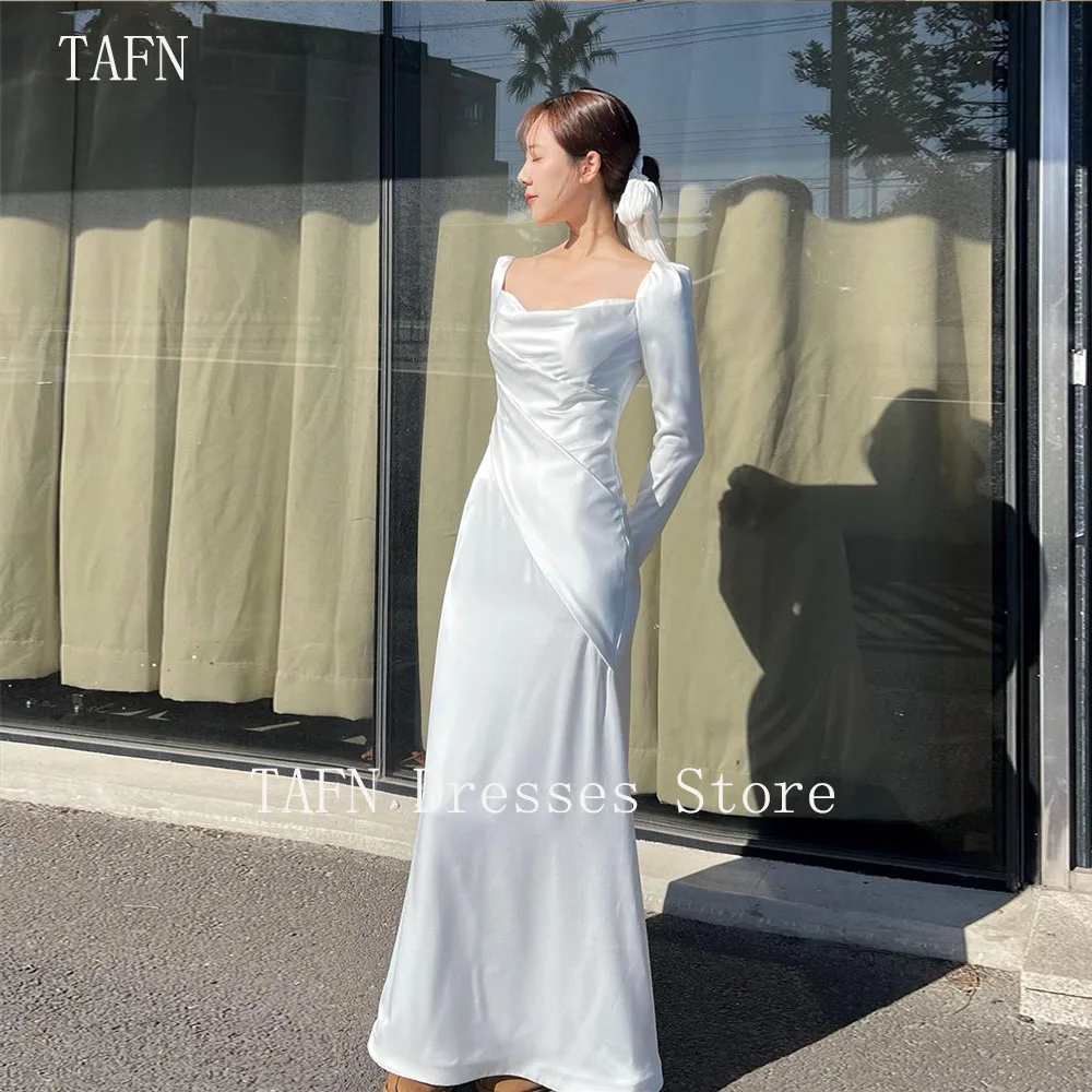 

TAFN Korea Simple Full Sleeves Wedding Dresses White Square Collar Sheath Wedding Reception Dresses 피로연드레스 Bridal Gown