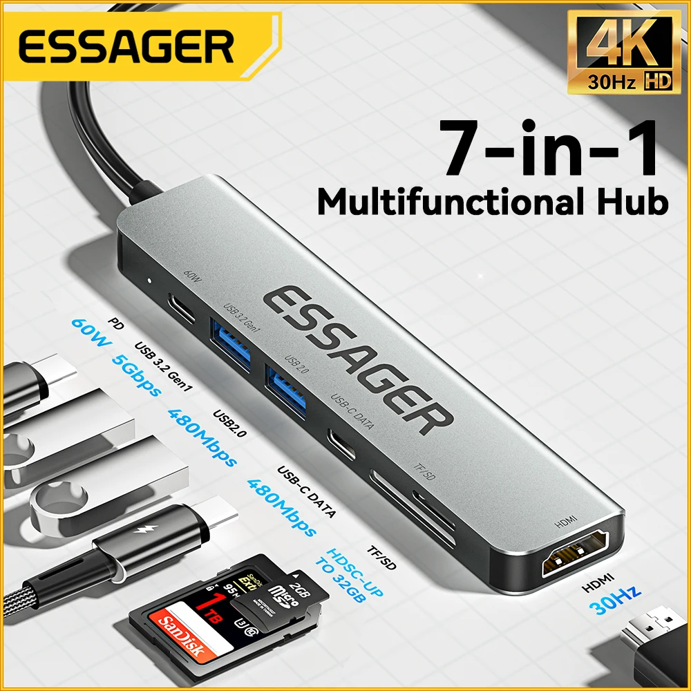 

Essager USB HUB 7 in 1 USB C HUB PD60W USB Type C to Multi USB 3.0 Adapter for MacBook Pro Air Huawei Mate 30 USB-C 3.0 Splitter