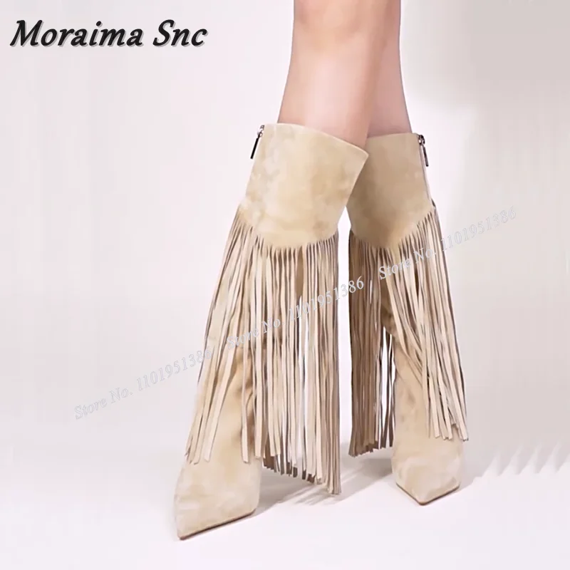 

Moraima Snc Сапоги до середины икры с бахромой и боковой молнией на высоком каблуке для женщин, однотонные новые ботинки для подиума, Zapatillas Mujer