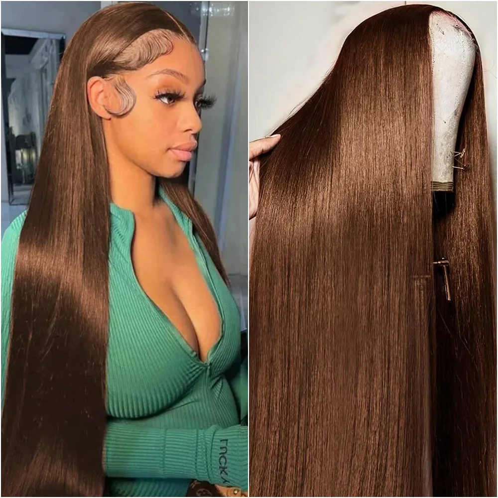 

HD Прозрачный 13x4 13x6 Кружевной фронтальный парик Предварительно выщипанный бразильский # 4 шоколадно-коричневых прямых париков из натуральных волос на шнуровке, 36–40 дюймов