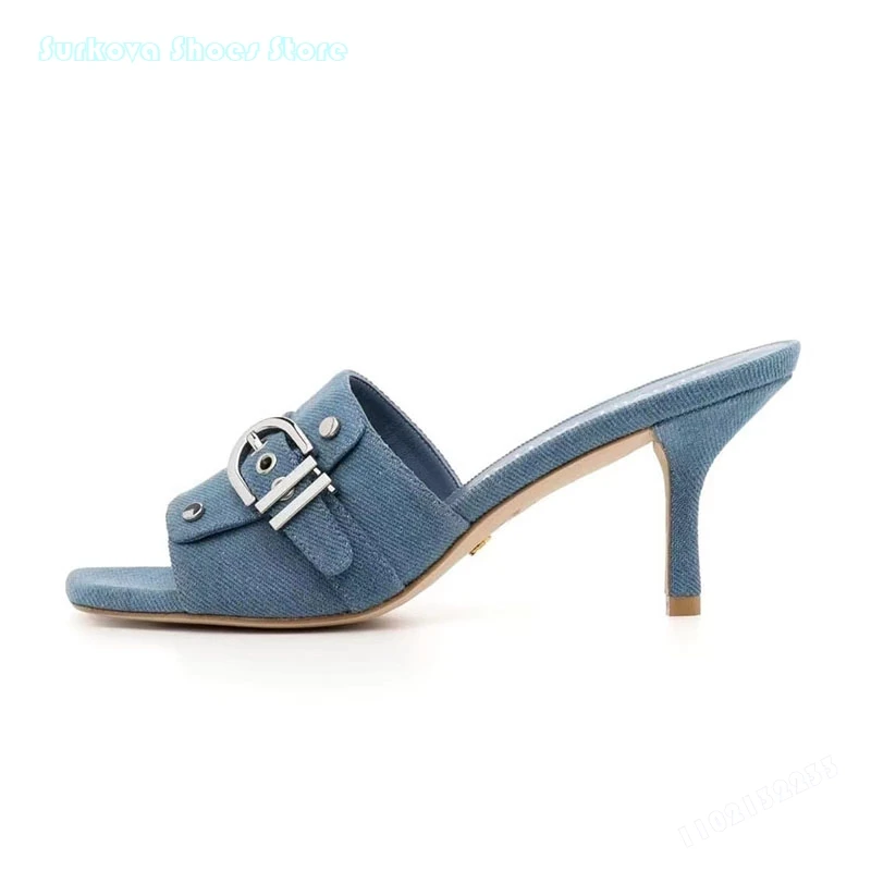 Surkova Denim Belt Buckle Square Toe Thin Heels Slippers Women Fashion Slip On Causal Stilettos Summer Outdoor Leisure Shoes