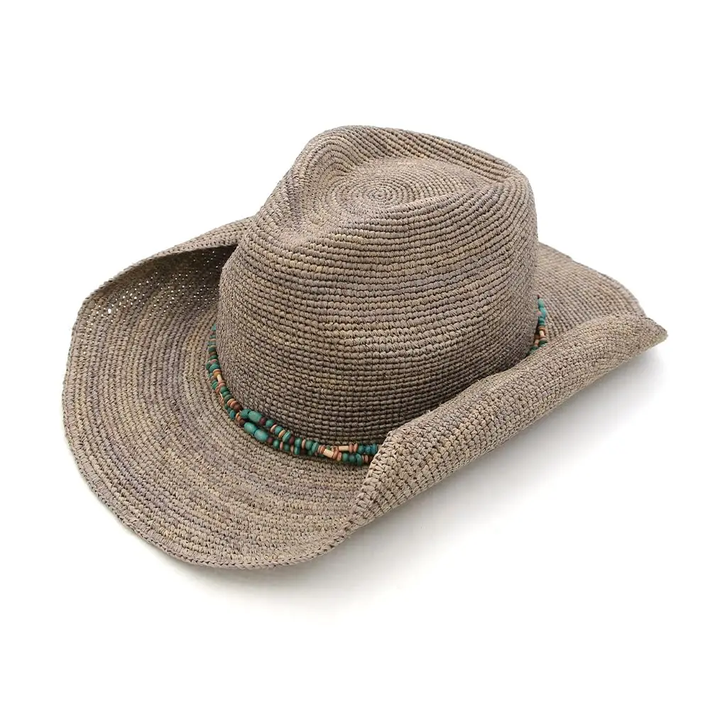 Sombrero de Vaquero de Paja con Banda de Cuentas Turquesa, Sombrero de Sol Occidental Ligero y Transpirable para Playa, Rodeo y Actividades al Aire Libre, Protección Solar UPF