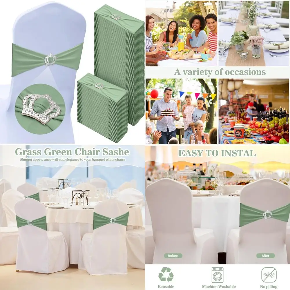 

Пояса для стула из спандекса шалфея и пряжками в виде короны и эластичными бантами для украшения свадьбы и вечеринки (150 шт.)