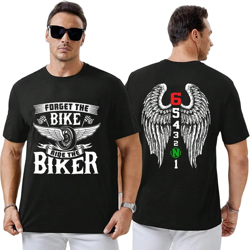 Vintage Motorcycle T-Shirt Men Forget The Bike Ride The Biker Double Sided Wing Gear Print Tops Casual Summer Short Sleeve Tees