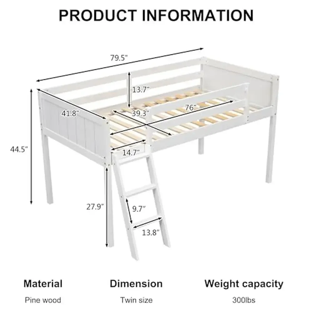 Wooden Twin Size Low Loft Bed with Convertible Ladder Guardrail Sturdy Frame Safety No Box Spring Needed Easy Assembly