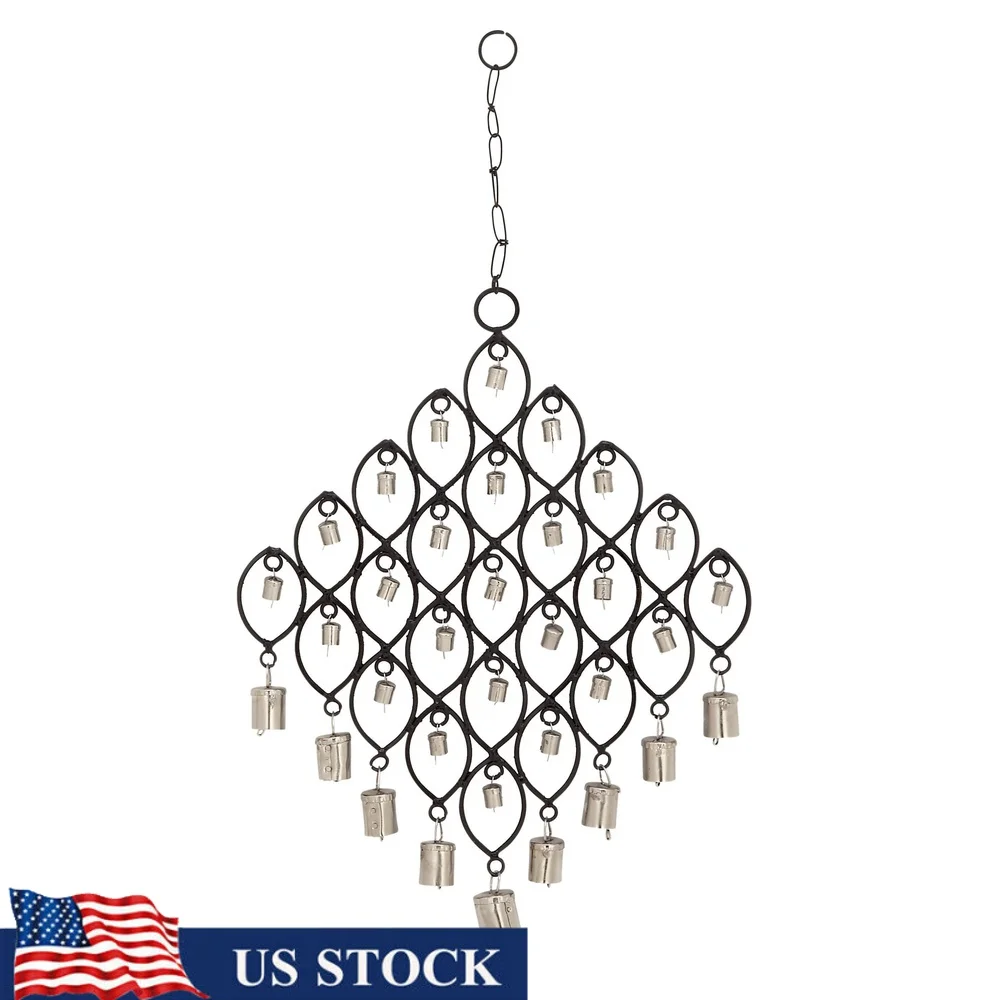 

24 Inch Black Metal Windchime with Bells Chain Hanger Indoor Decor Gift Eclectic Style Candelabra Inspired Design Home Accent