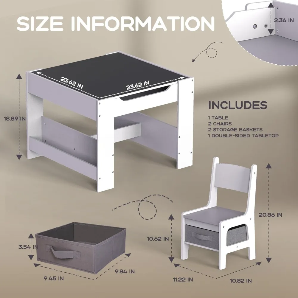 طقم طاولة وكرسي خشبي للأطفال الصغار 4 في 1 للأعمار من 3 إلى 7 سنوات مع مساحة تخزين ومكتب وكرسي متعدد الوظائف للأطفال