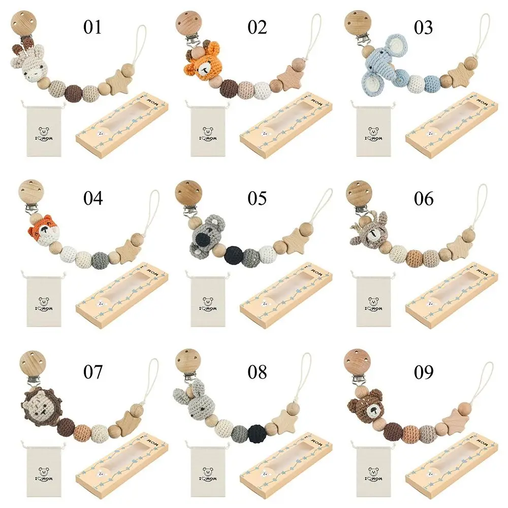 Cartoon Animal Teething Toys Beech Wood Anti-Drop Pacifier Holder Soother Chain Dummy Holder Baby Pacifier Clips