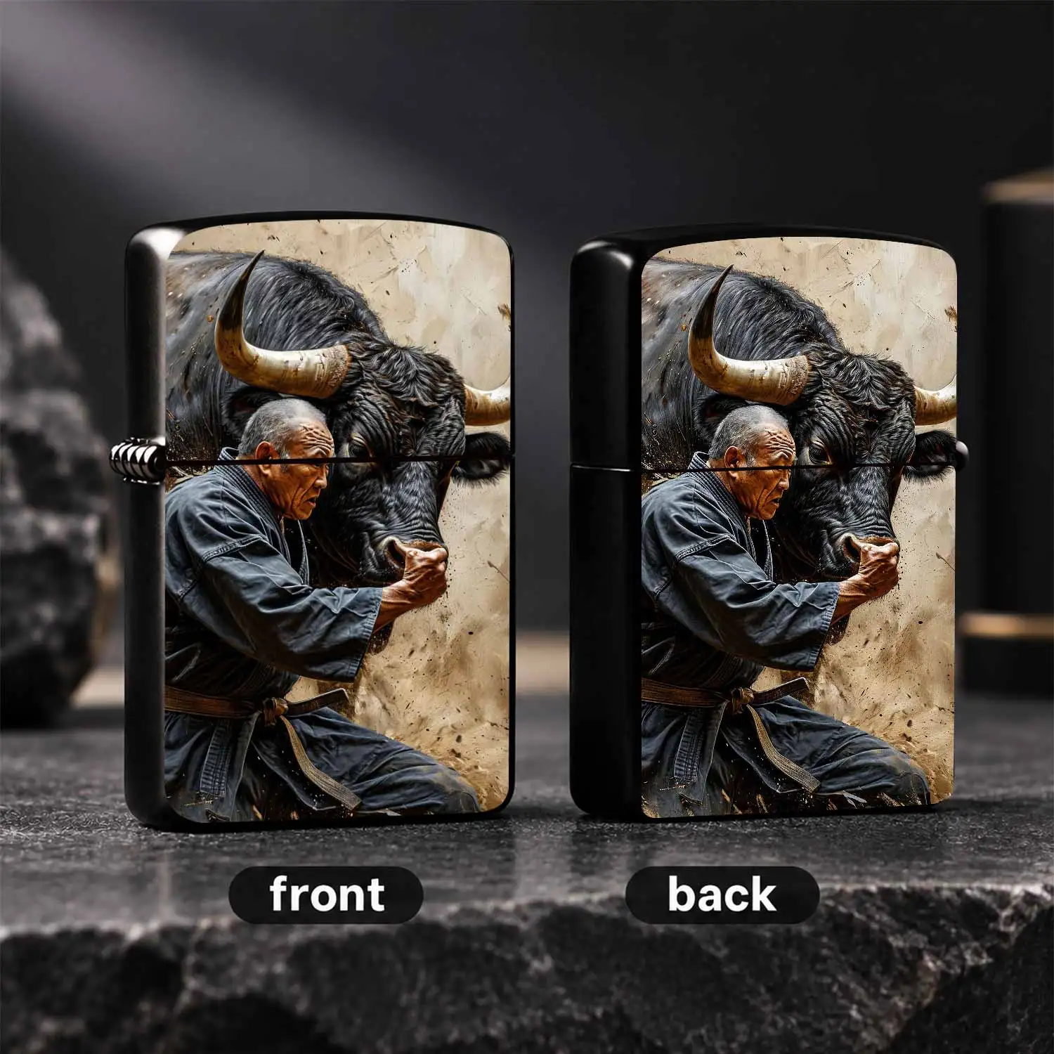 Creative Lighter with Martial Arts Master & Strong Bull Art Print, Portable Stylish Accessory for Daily Outdoor Use, Unique Aesthetic Decorative Gift for Multi-Scene Practical Application  A Humorous And Interesting Lighter