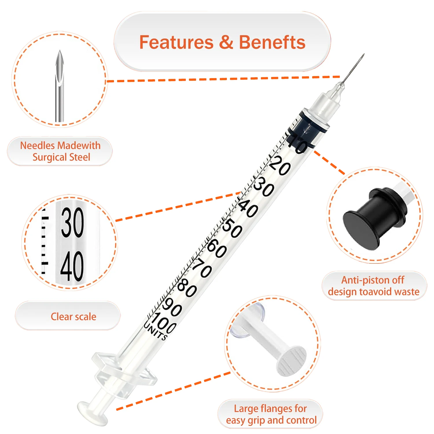 20/50/100 Stück 1ml Insulinspritze mit 8mm ultrafeiner Nadel, steril, einzeln verpackt, Präzision für niedrige Dosen für Katzen und Hunde – Detail 4