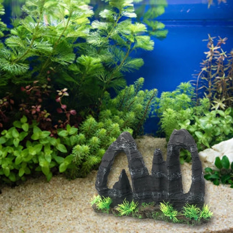 Resin Fishtanks Ornament Natural Lookings Rockery Cave with Grass for Aquariums K92A