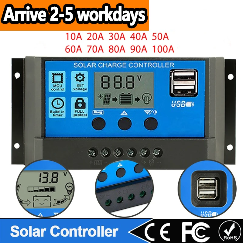 2 STKS Solar Controller 12 V/24 V Solar Regulator PWM Controller LcD Display Dual USB5V Uitgang, Solar opladen accessoires camping