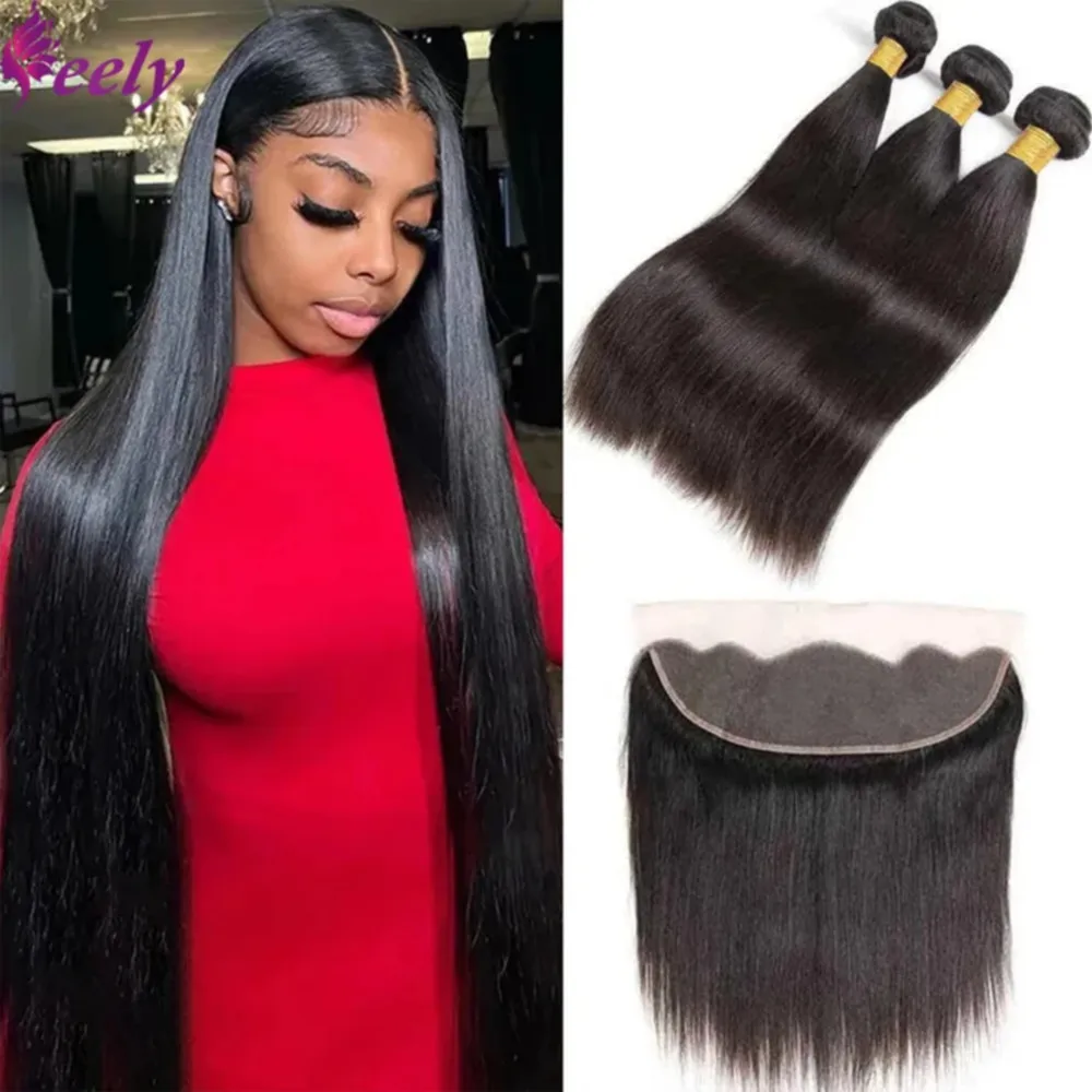 Straight Human Hair Bundles With Frontal 13x4 Transparent Lace Brazilian Human Hair Bundles With Closure Natural Hair Extensions