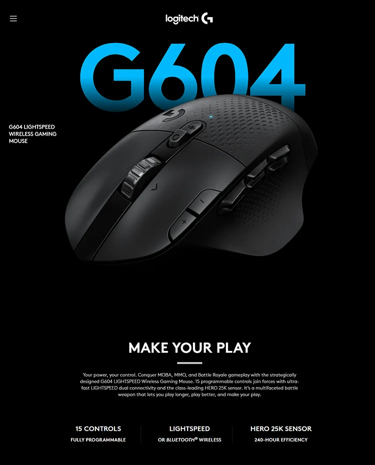 G604 ماوس ألعاب لاسلكي 1600 ديسيبل متوحد الخواص RGB مع 15 زرًا قابل للبرمجة - مستشعر Hero 25k لمنافسة CF