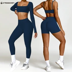 Ctenkevet Long sleeve Shirt Sports Set Women Fitness Yoga Suit Crop Top High Waist Gym Set Women Quick-Dry 2Pcs Set Yoga Clothes