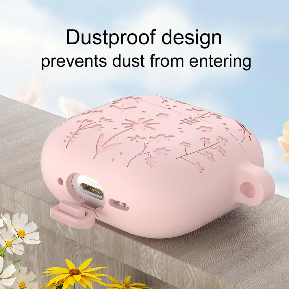 AirPods 4 케이스용 꽃 새겨진 AirPods 4 케이스용 열쇠고리 및 끈이 포함된 보호용 실리콘 스킨 액세서리(라이트 블루)