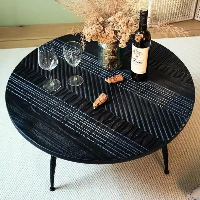 #80X40CM Small Black Round Coffee Table in Front of the Sofa in the Living Room and a Low Table Beside the Homestay